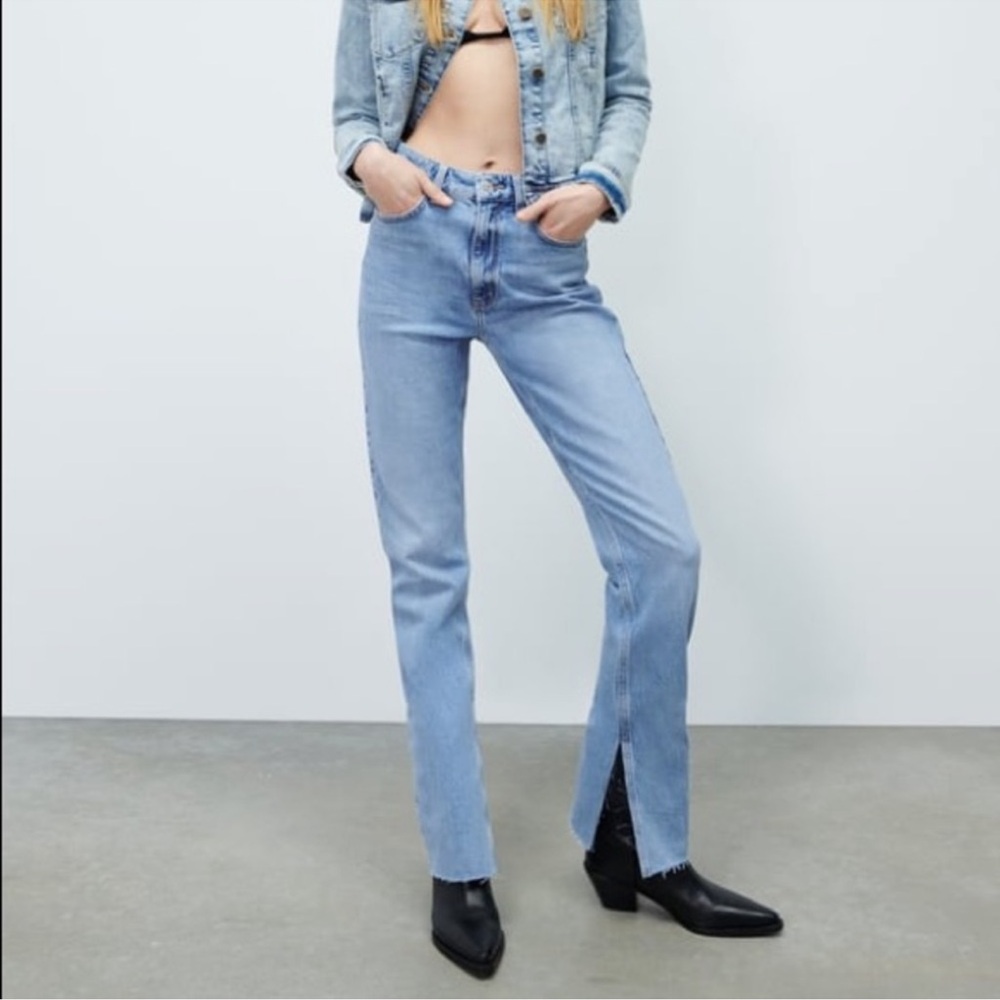 Zara high rise flare slit denim